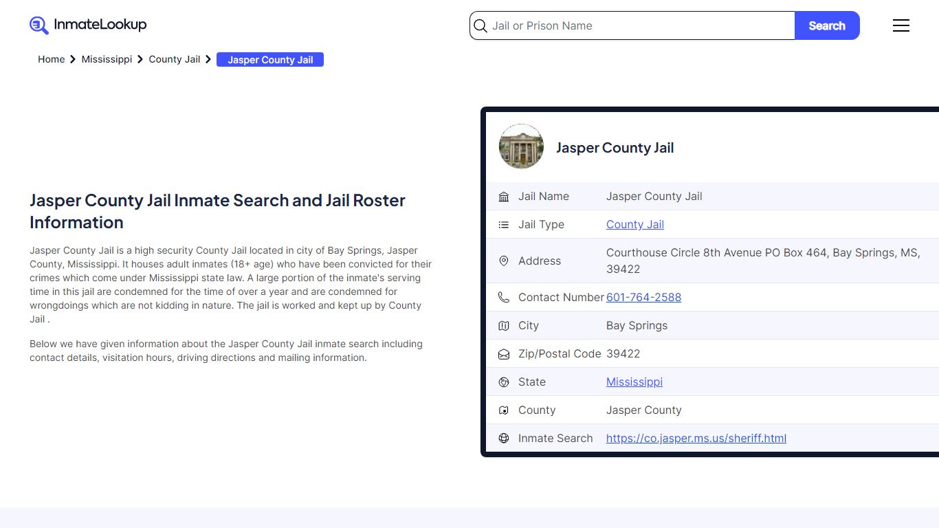 Jasper County Jail Inmate Search - Bay Springs Mississippi - Inmate Lookup